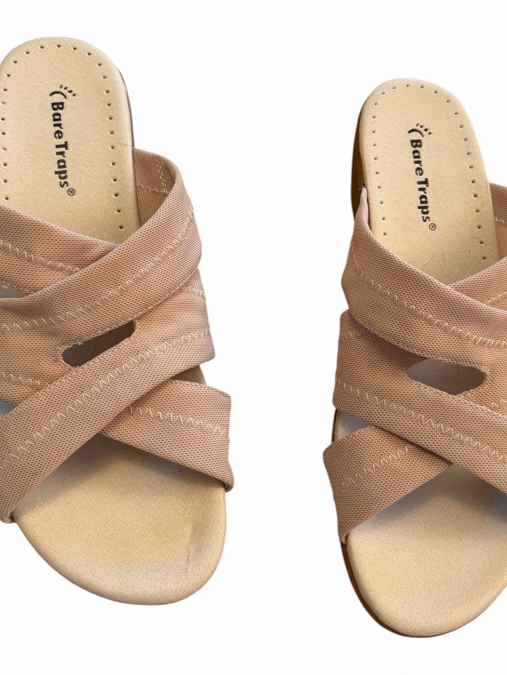 Bare Traps sandals- beige crossover elastic straps-cushioned footbed-Size 8.5